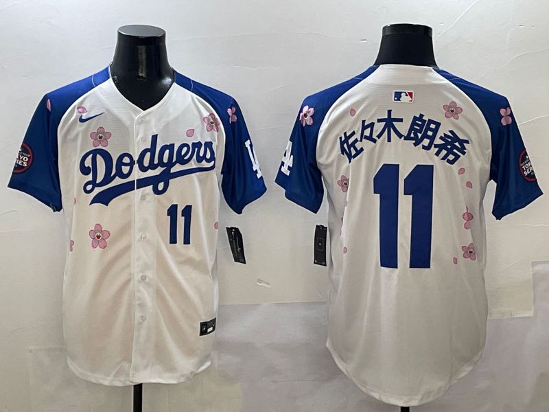 Men Los Angeles Dodgers #11 R.Sasaki White Blue Sakura Edition 2025 Nike MLB Jersey style 2->los angeles dodgers->MLB Jersey